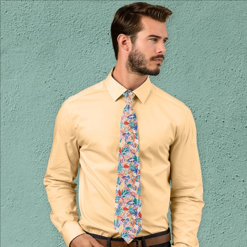 Tropical Leaves Colorful Pattern Teal Orange Blue Neck Tie