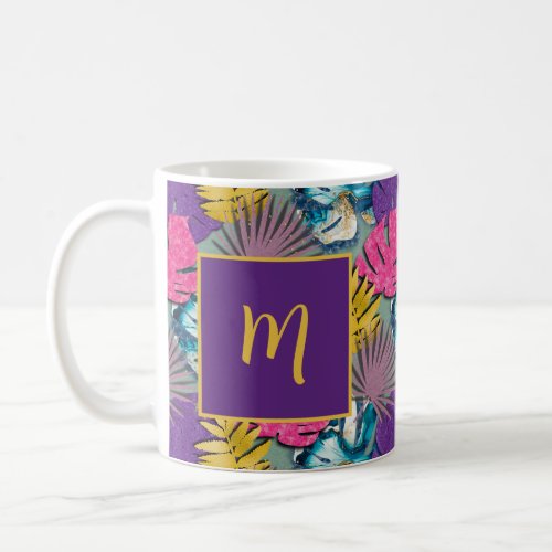 Tropical Leaves Colorful Purple Monogram Initial Coffee Mug