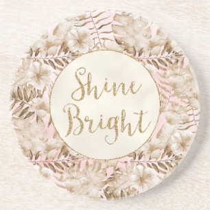 Tropical Leaves Cream Blush Gold Glitter Shine     Coaster