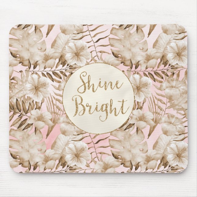 Tropical Leaves Cream Blush Gold Glitter Shine  Mouse Pad (Front)