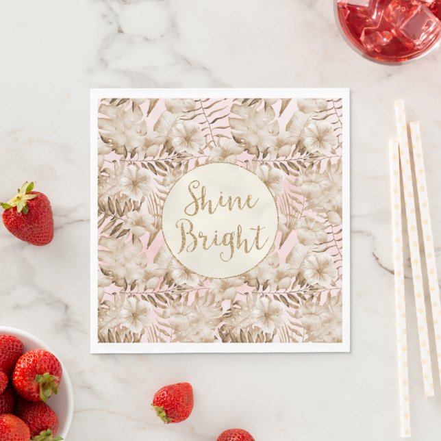 Tropical Leaves Cream Blush Gold Glitter Shine     Napkins (Insitu)