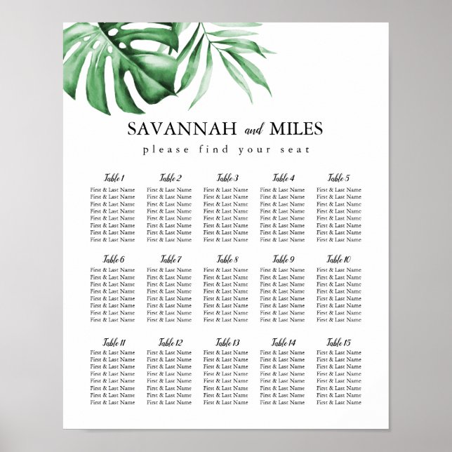 Tropical Leaves Customizable Seating Chart (Front)