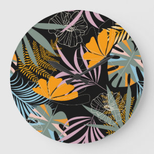 Tropical Leaves: Dark Vintage Print. Large Clock