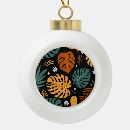 Tropical Leaves Dark Vintage Seamless Ceramic Ball Christmas Ornament