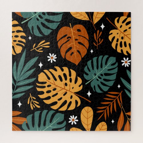 Tropical Leaves Dark Vintage Seamless Jigsaw Puzzle