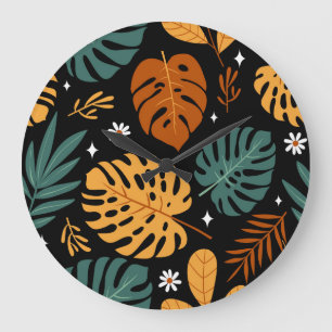 Tropical Leaves: Dark Vintage Seamless. Large Clock