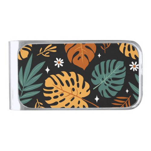 Tropical Leaves Dark Vintage Seamless Silver Finish Money Clip
