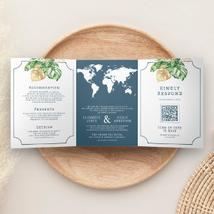 Tropical Leaves Dusty Blue World Map Wedding Tri-Fold Invitation