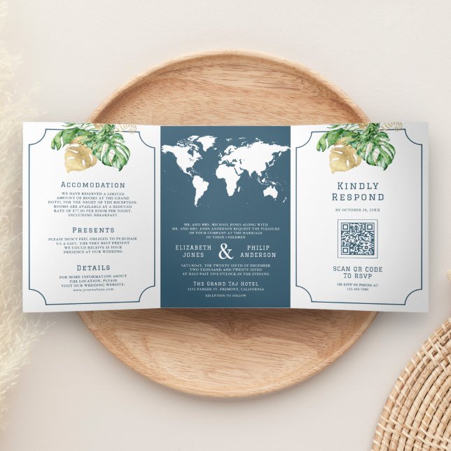 Tropical Leaves Dusty Blue World Map Wedding Tri-Fold Invitation (Creator Uploaded)