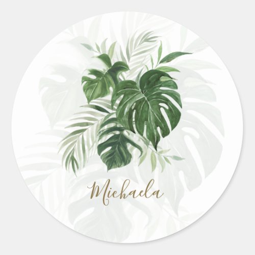 Tropical Leaves Elegant Modern Script Classic Round Sticker