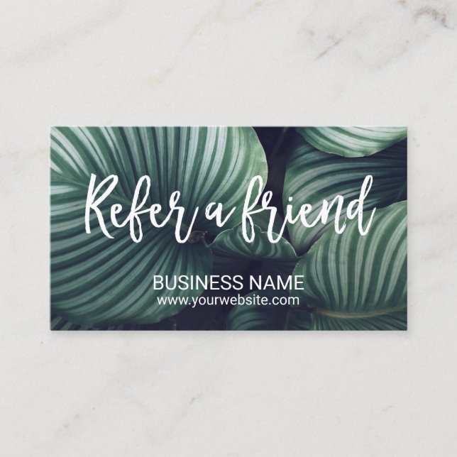 Tropical Leaves Elegant Script Salon Spa Referral (Front)