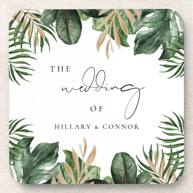 Tropical leaves elegant wedding beverage coaster (Front)