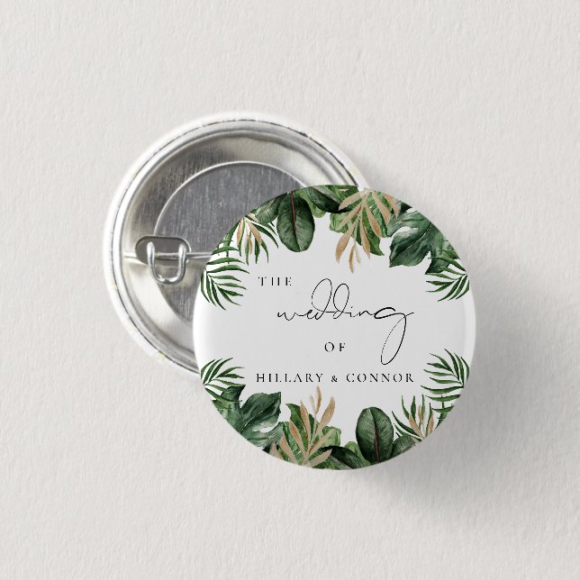 Tropical leaves elegant wedding guest favor button (Front & Back)