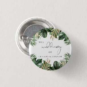 Tropical leaves elegant wedding guest favor button