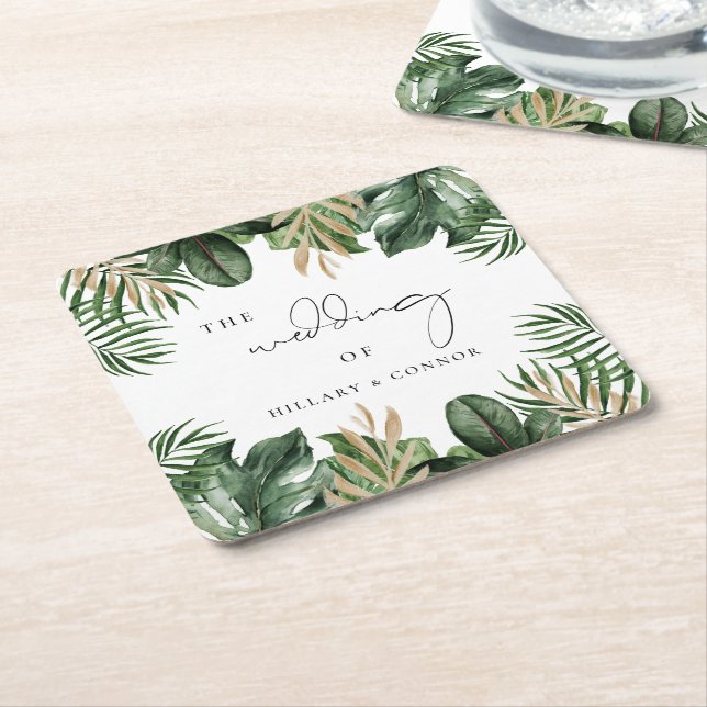 Tropical leaves elegant wedding square paper coaster (Angled)