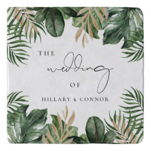 Tropical leaves elegant wedding trivet