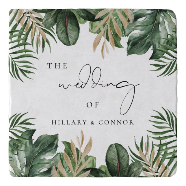 Tropical leaves elegant wedding trivet (Front)