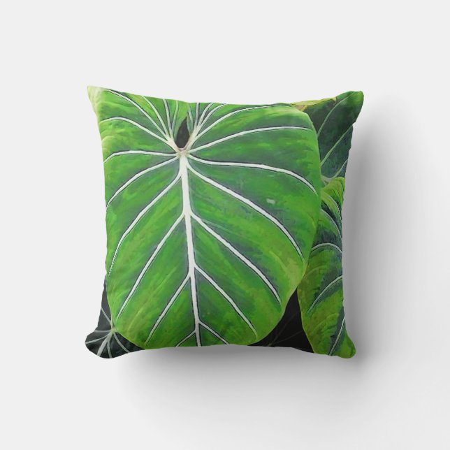Tropical Leaves, Elephant Ears, Dark Green Throw Pillow (Front)