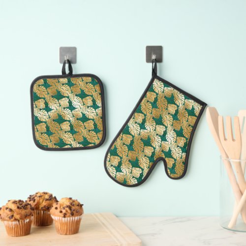Tropical Leaves Emerald Green and gold Oven Mitt  Pot Holder Set