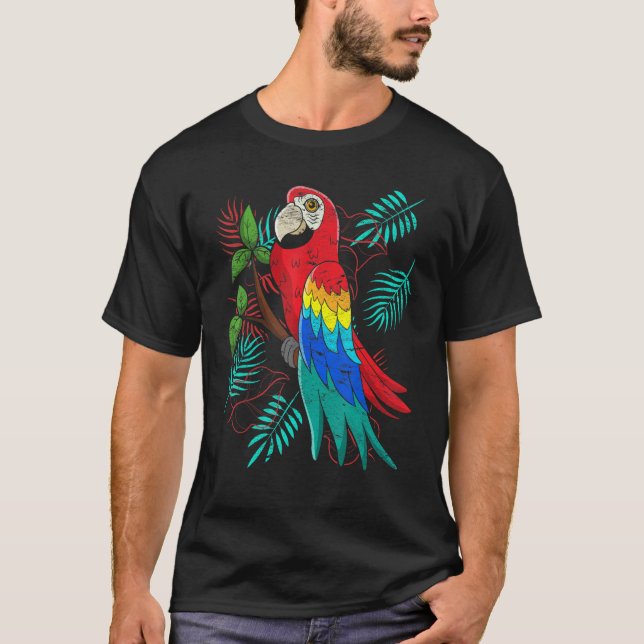 Tropical Leaves Exotic Bird Jungle Animal  Macaw P T-Shirt (Front)