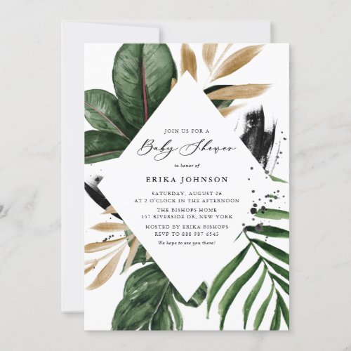 Tropical Leaves Faux Gold Foil Frame Baby Shower Invitation