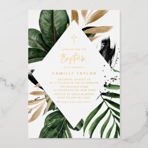 Tropical Leaves Faux Gold Foil Frame Baptism Foil Invitation