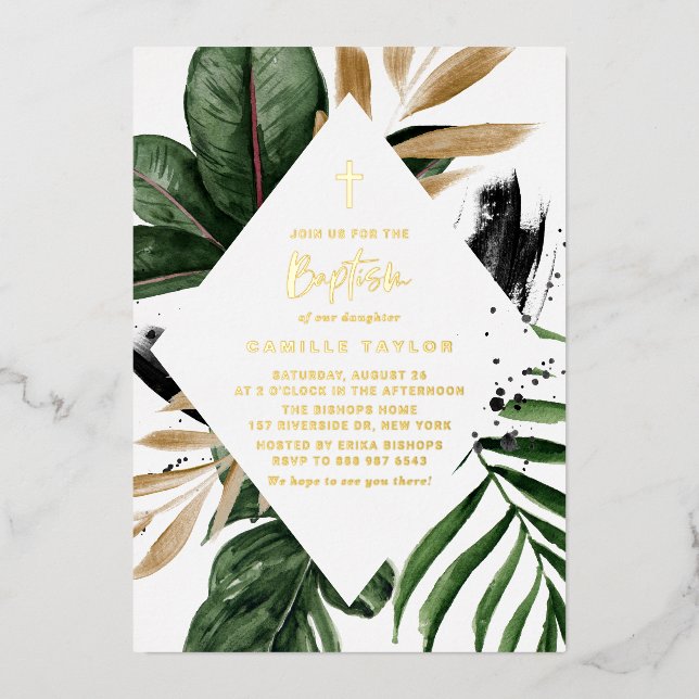 Tropical Leaves Faux Gold Foil Frame Baptism Invitation (Front)