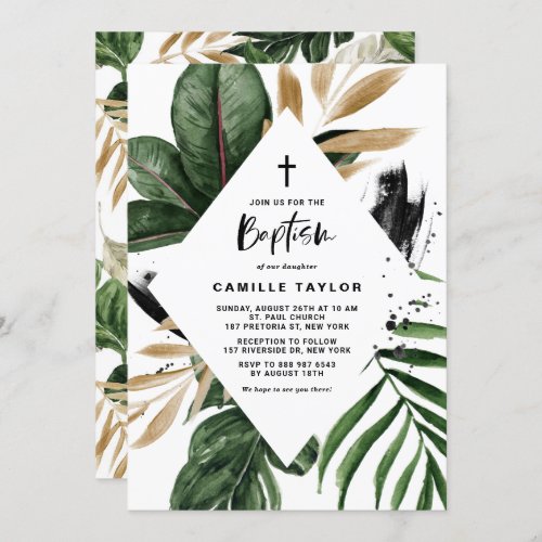 Tropical Leaves Faux Gold Foil Frame Baptism Invitation