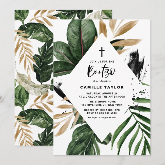 Tropical Leaves Faux Gold Foil Frame Bautizo Invitation (Front/Back)
