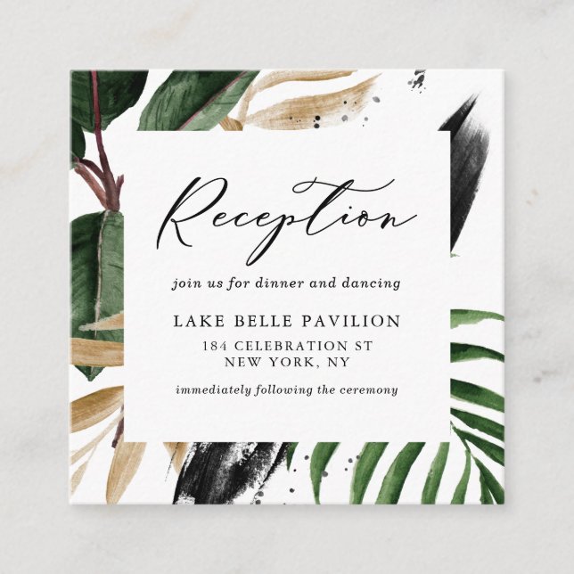 Tropical Leaves Faux Gold Foil Frame Reception Enclosure Card (Front)