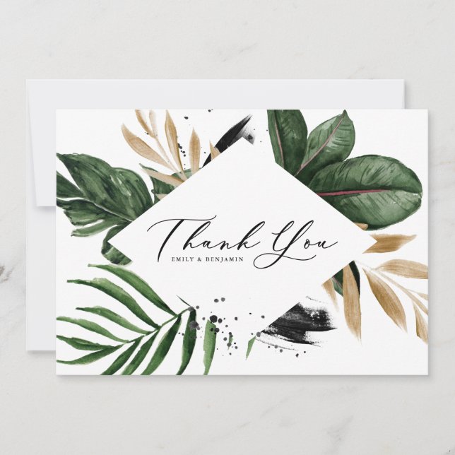 Tropical Leaves Faux Gold Foil Frame Wedding Thank You Card (Front)