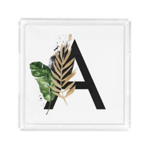 Tropical Leaves Faux Gold Foil Letter A Monogram Acrylic Tray