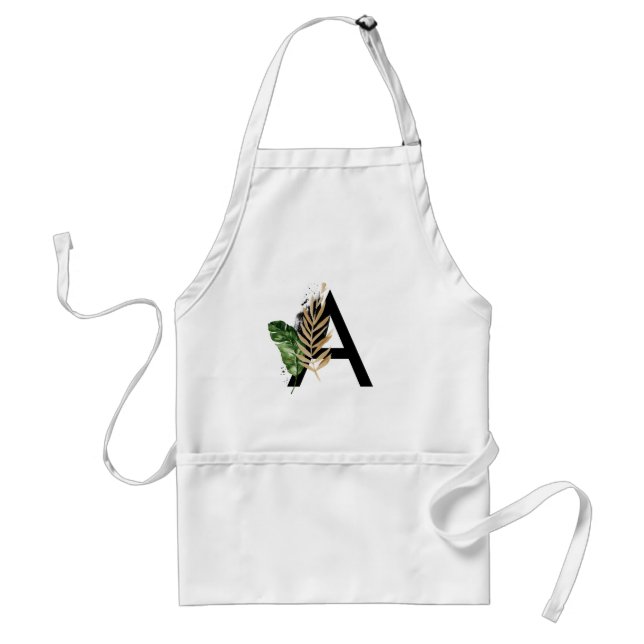 Tropical Leaves Faux Gold Foil Letter A Monogram Adult Apron (Front)