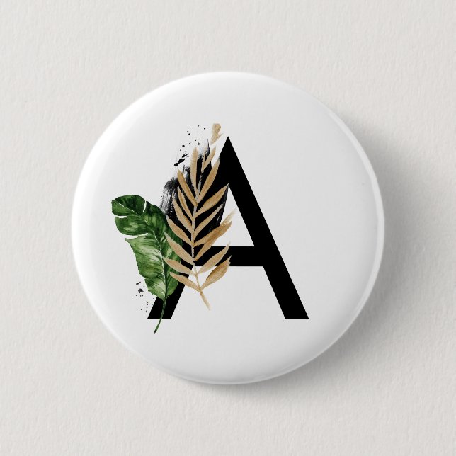 Tropical Leaves Faux Gold Foil Letter A Monogram Button (Front)