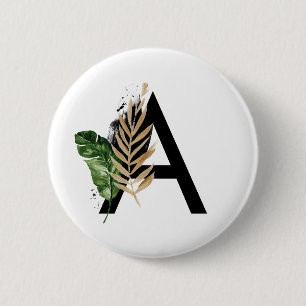 Tropical Leaves Faux Gold Foil Letter A Monogram Button