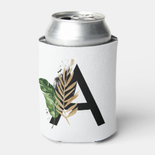 Tropical Leaves Faux Gold Foil Letter A Monogram Can Cooler