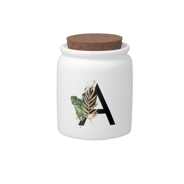 Tropical Leaves Faux Gold Foil Letter A Monogram Candy Jar (Front)