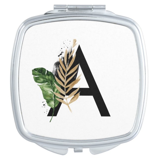 Tropical Leaves Faux Gold Foil Letter A Monogram Compact Mirror (Front)