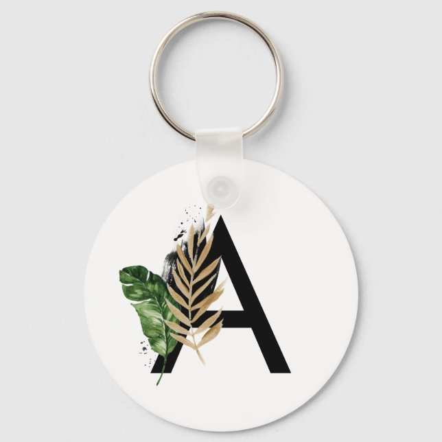 Tropical Leaves Faux Gold Foil Letter A Monogram Keychain (Front)