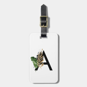 Tropical Leaves Faux Gold Foil Letter A Monogram Luggage Tag