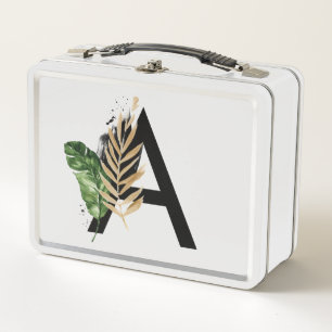 Tropical Leaves Faux Gold Foil Letter A Monogram Metal Lunch Box