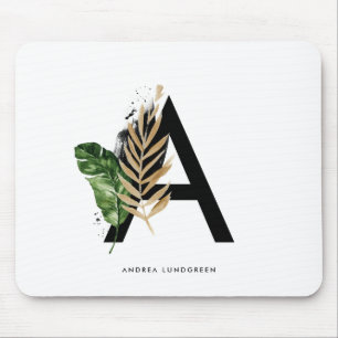 Tropical Leaves Faux Gold Foil Letter A Monogram Mouse Pad