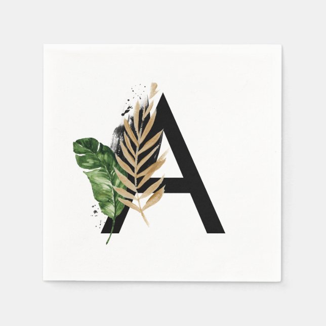 Tropical Leaves Faux Gold Foil Letter A Monogram Napkins (Front)