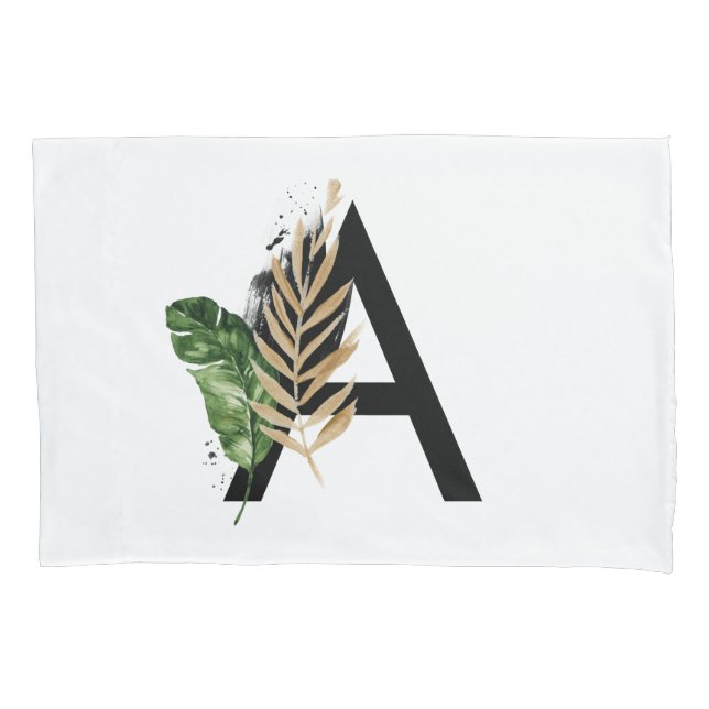 Tropical Leaves Faux Gold Foil Letter A Monogram Pillow Case (Front)