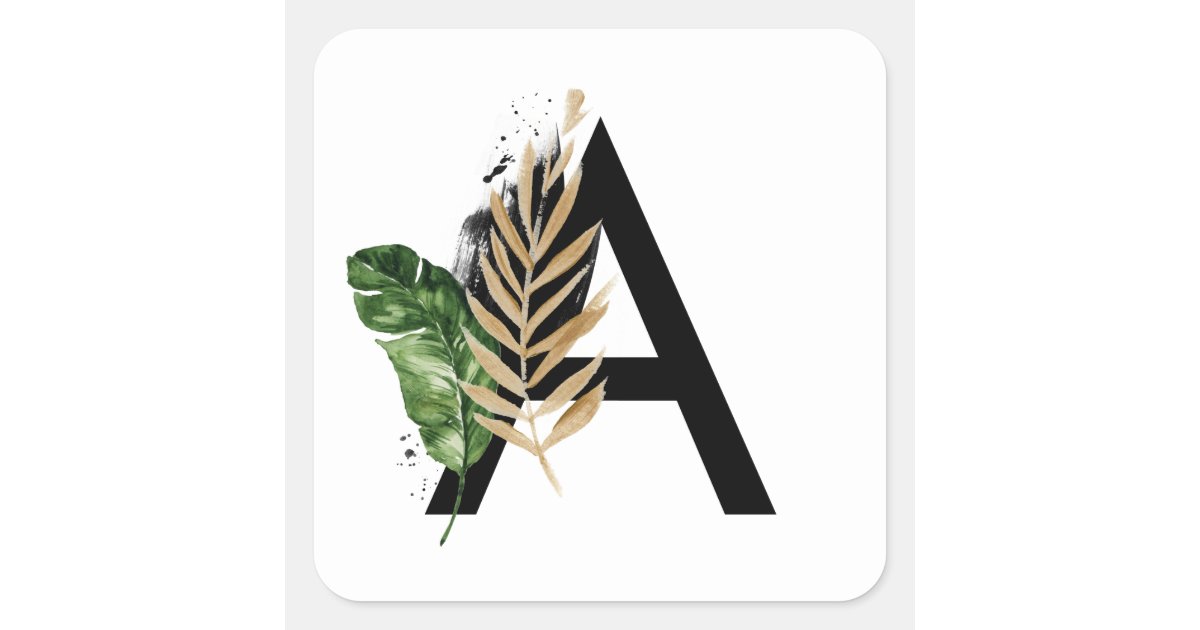 Tropical Leaves Faux Gold Foil Letter A Monogram Square Sticker Zazzle Com