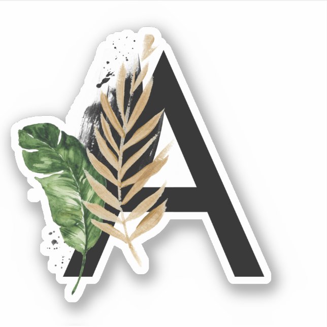 Tropical Leaves Faux Gold Foil Letter A Monogram Sticker (Front)