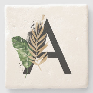 Tropical Leaves Faux Gold Foil Letter A Monogram Stone Coaster