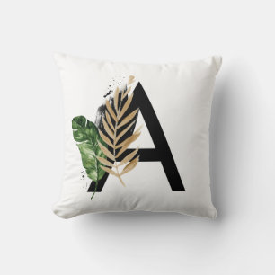 Tropical Leaves Faux Gold Foil Letter A Monogram Throw Pillow