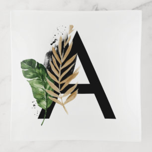 Tropical Leaves Faux Gold Foil Letter A Monogram Trinket Tray
