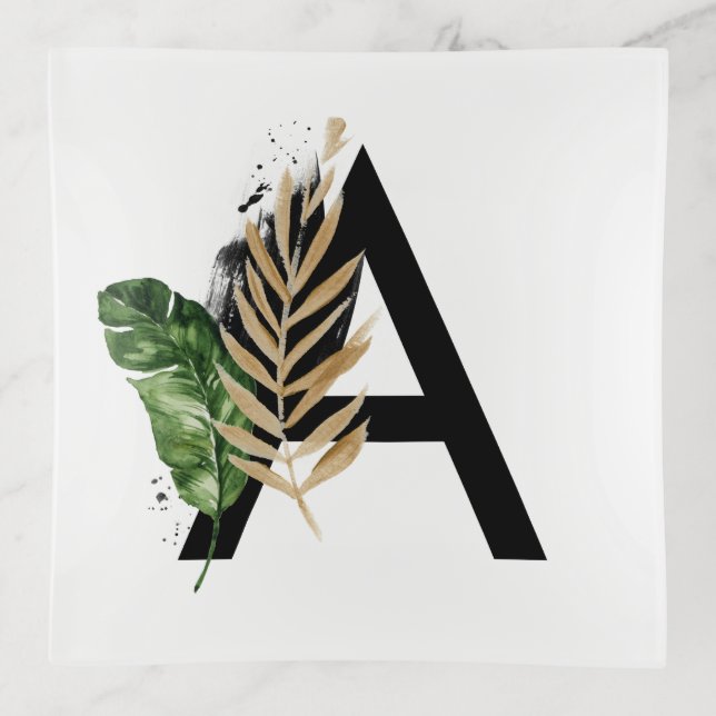 Tropical Leaves Faux Gold Foil Letter A Monogram Trinket Tray (Front)